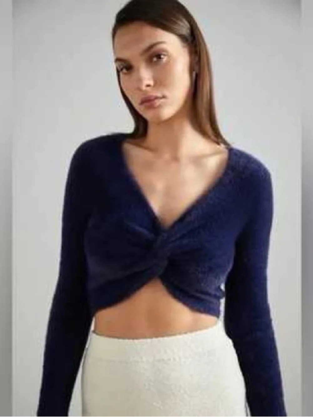 aerie Navy Blue Fuzzy Twist-Front Long Sleeve Top
